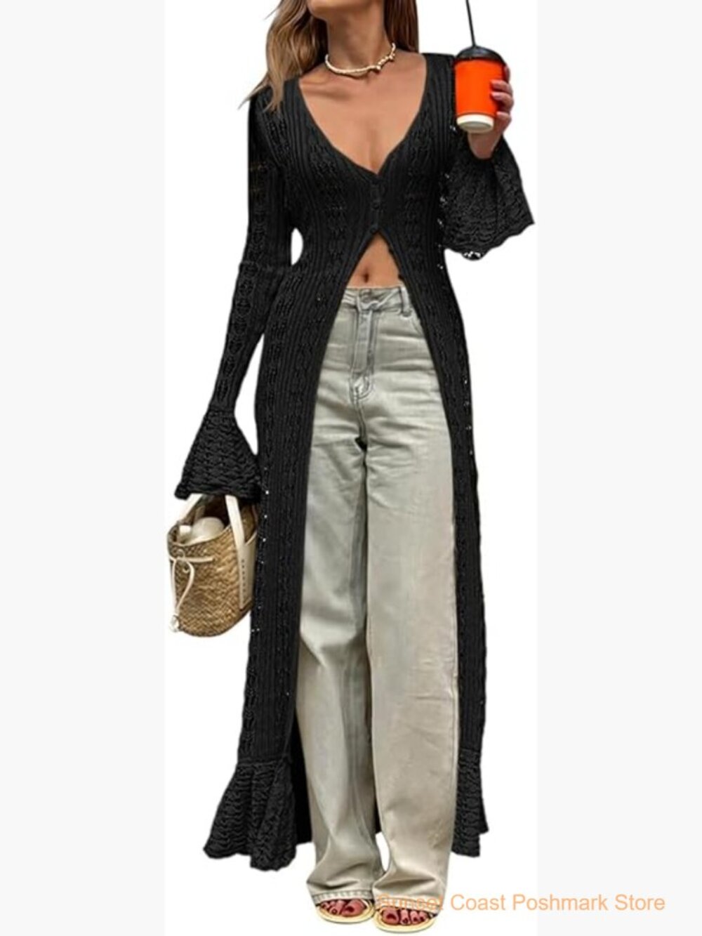 Crochet Long Cardigan Duster Button Up Bell Sleeve Boho Coverup